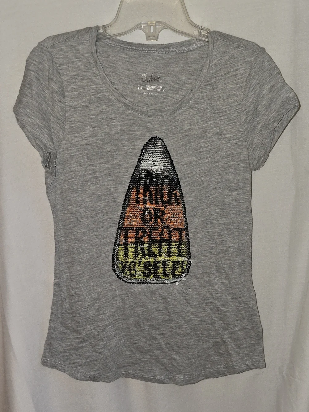 Justice Gray Short-Sleeve Tee with Sequined Candy Corn Halloween Graphic